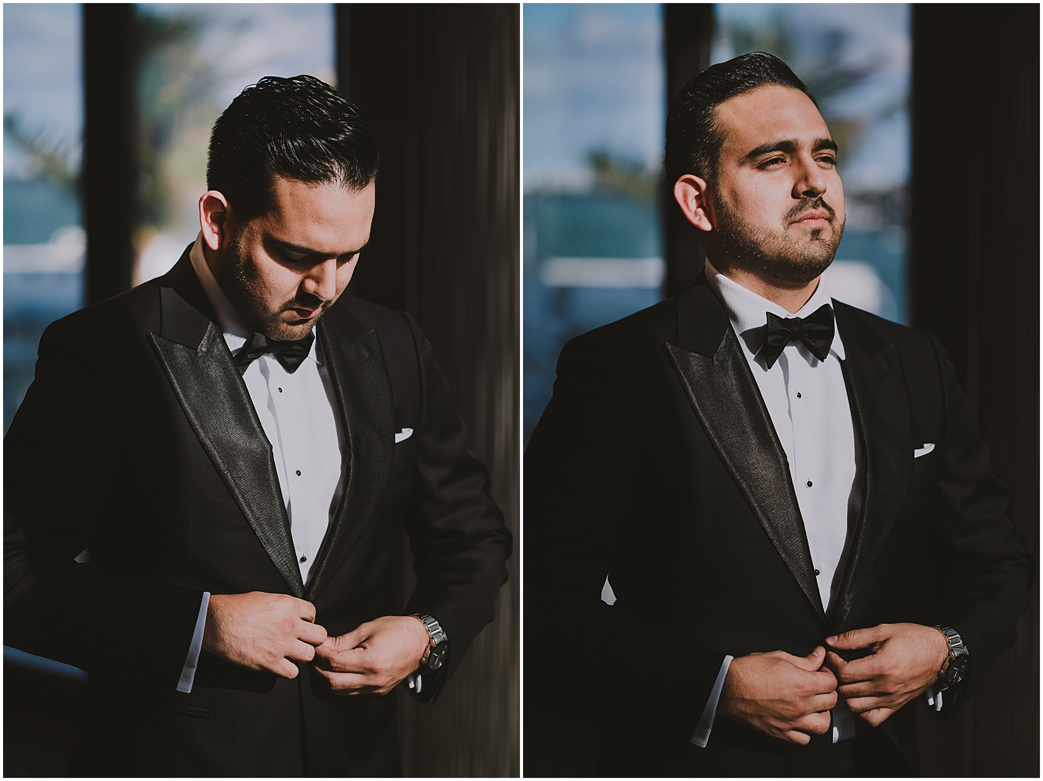 groom black tuxedo portrait