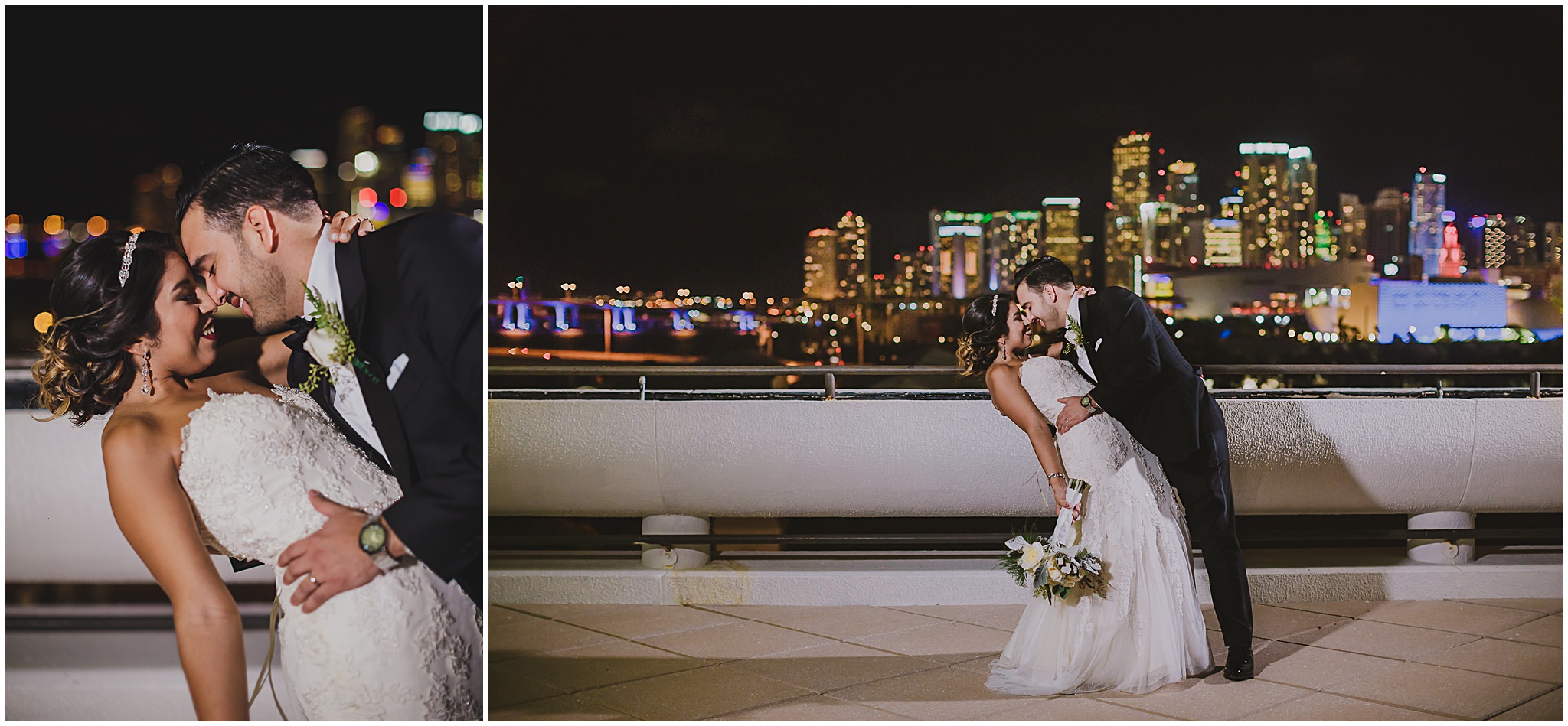 bride groom kissing dip downtown miami cityscape