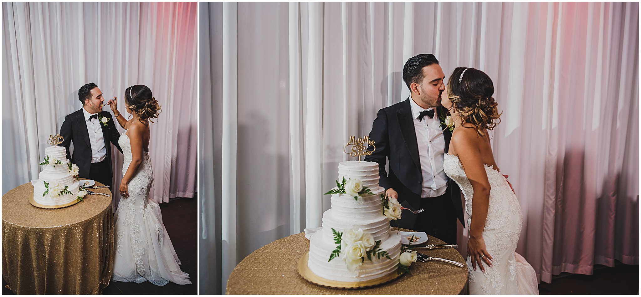 bride kissing groom cake cutting