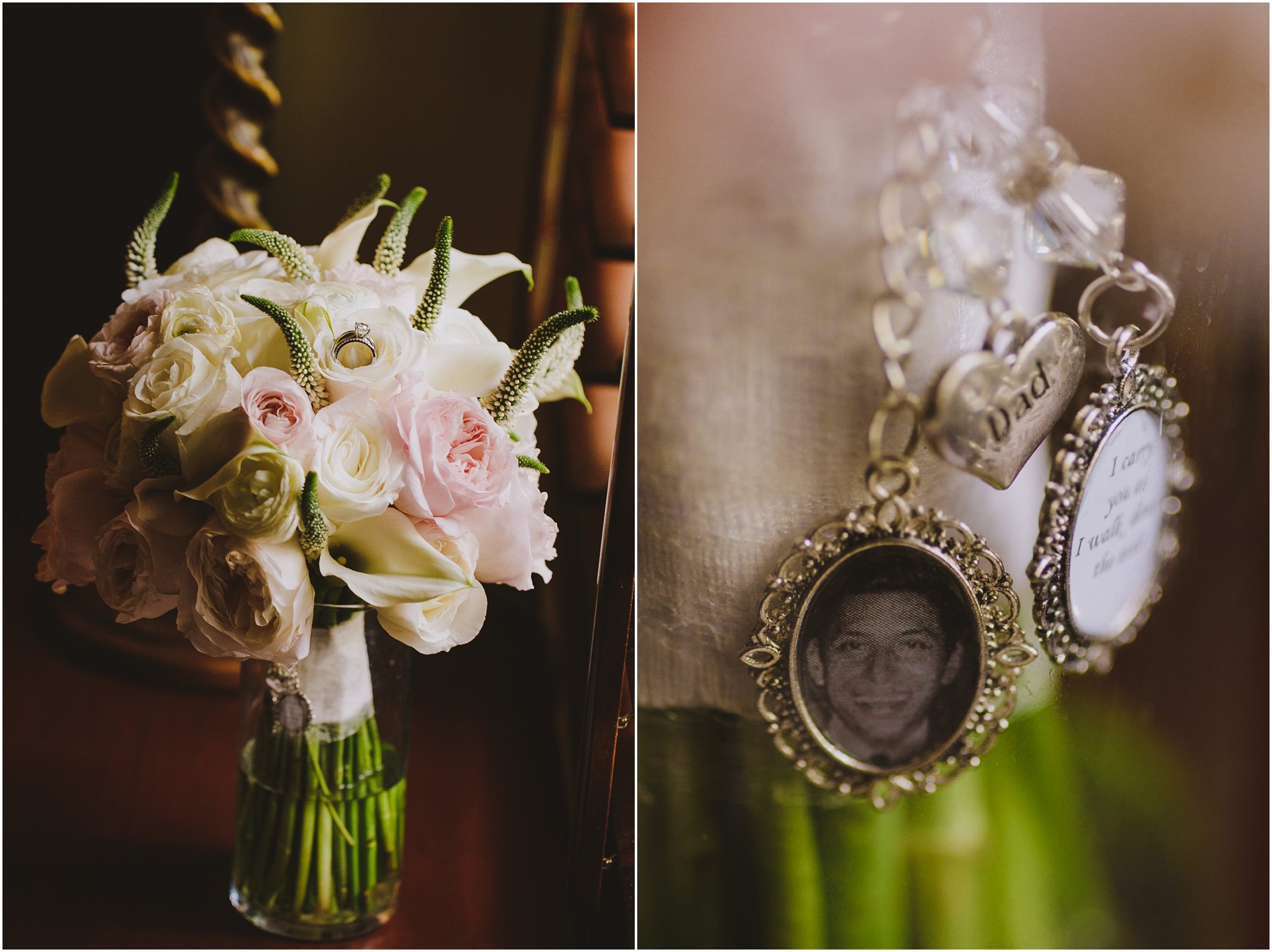 off white bridal bouquet with dads photo pendant 
