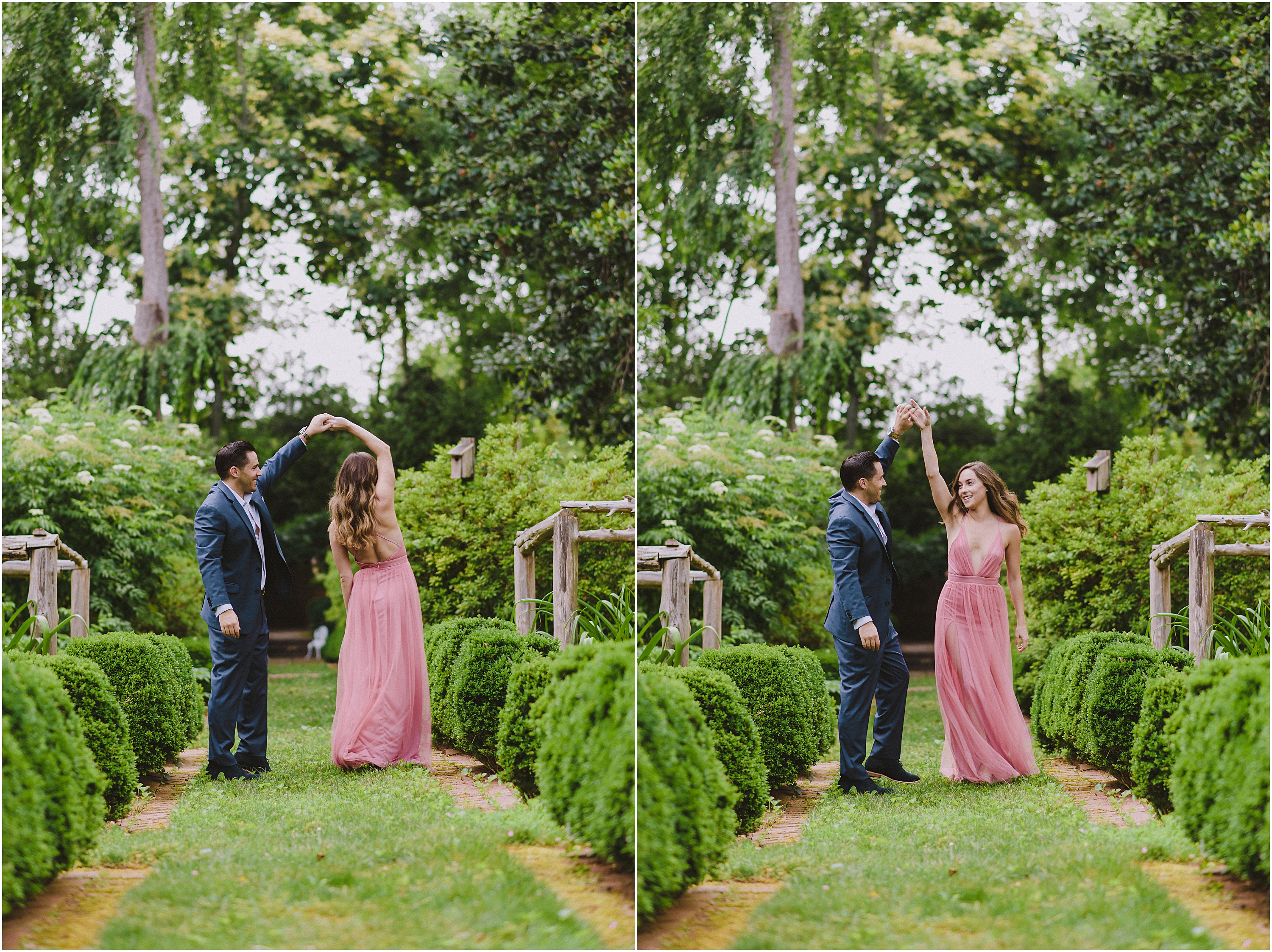 man twirling girl in a dance in a garden