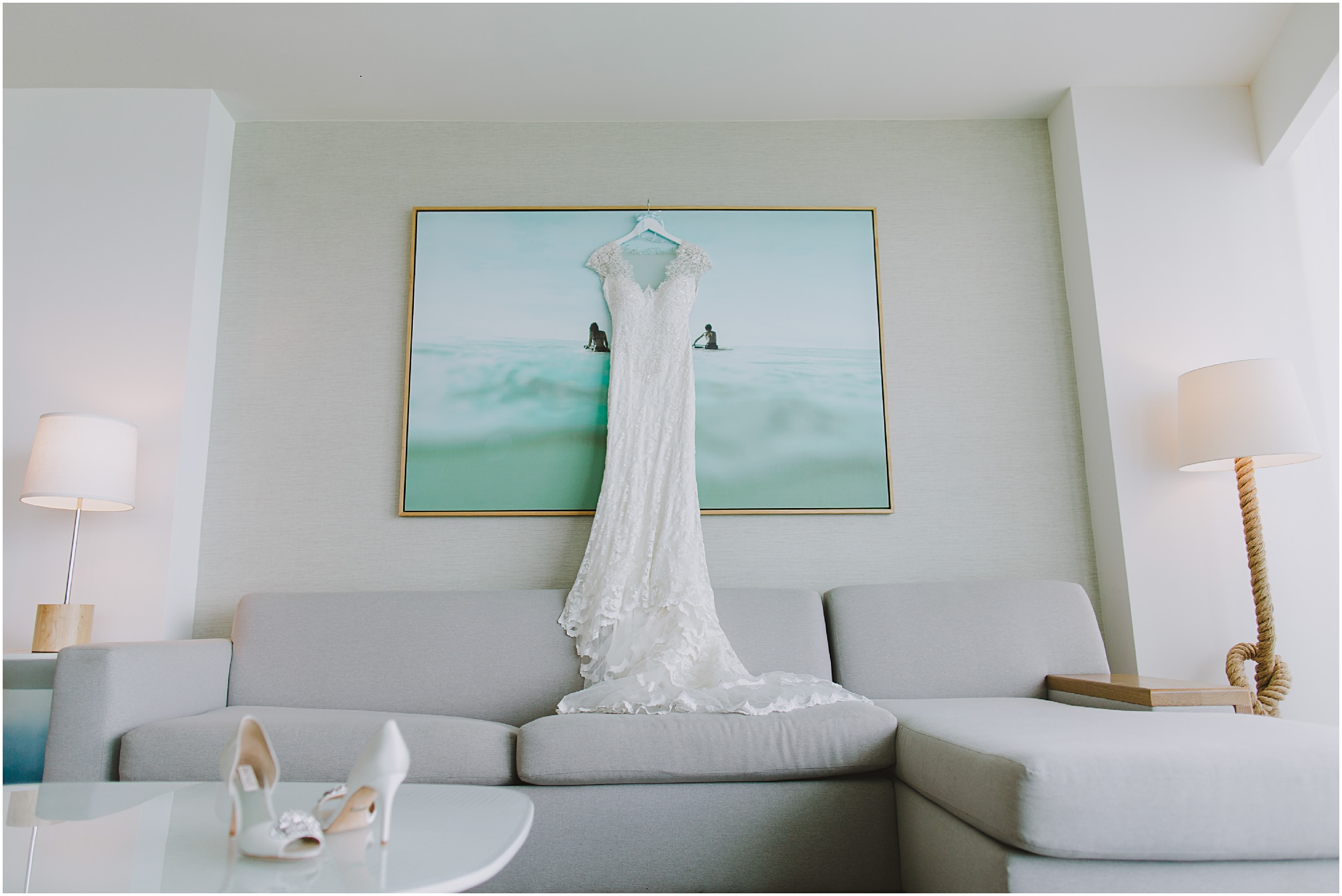 long white wedding dress hanging on oil painting