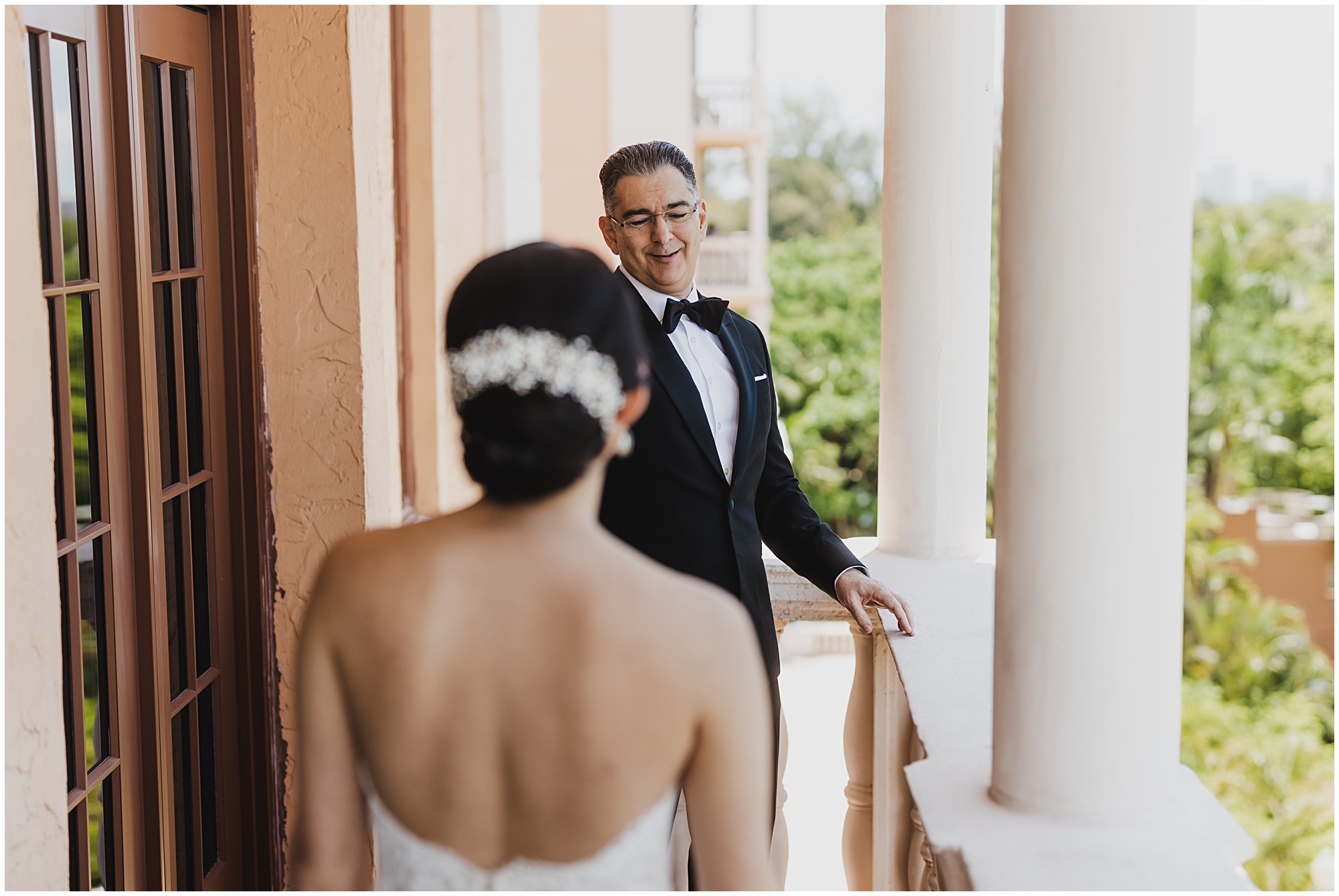 First look of the bride with her father at the Biltmore Hotel in Coral gables.