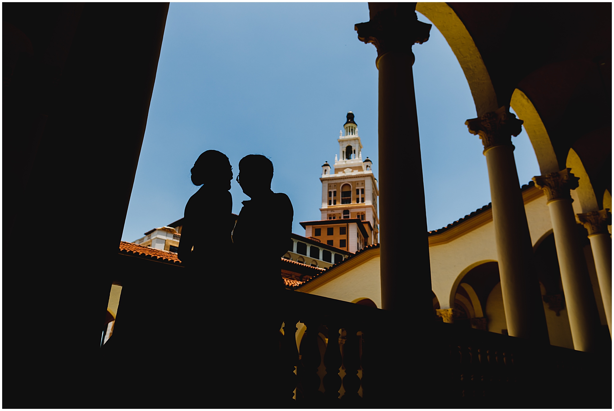 Creative portrait of the bride and groom at the Biltmore Hotel in Coral gables.