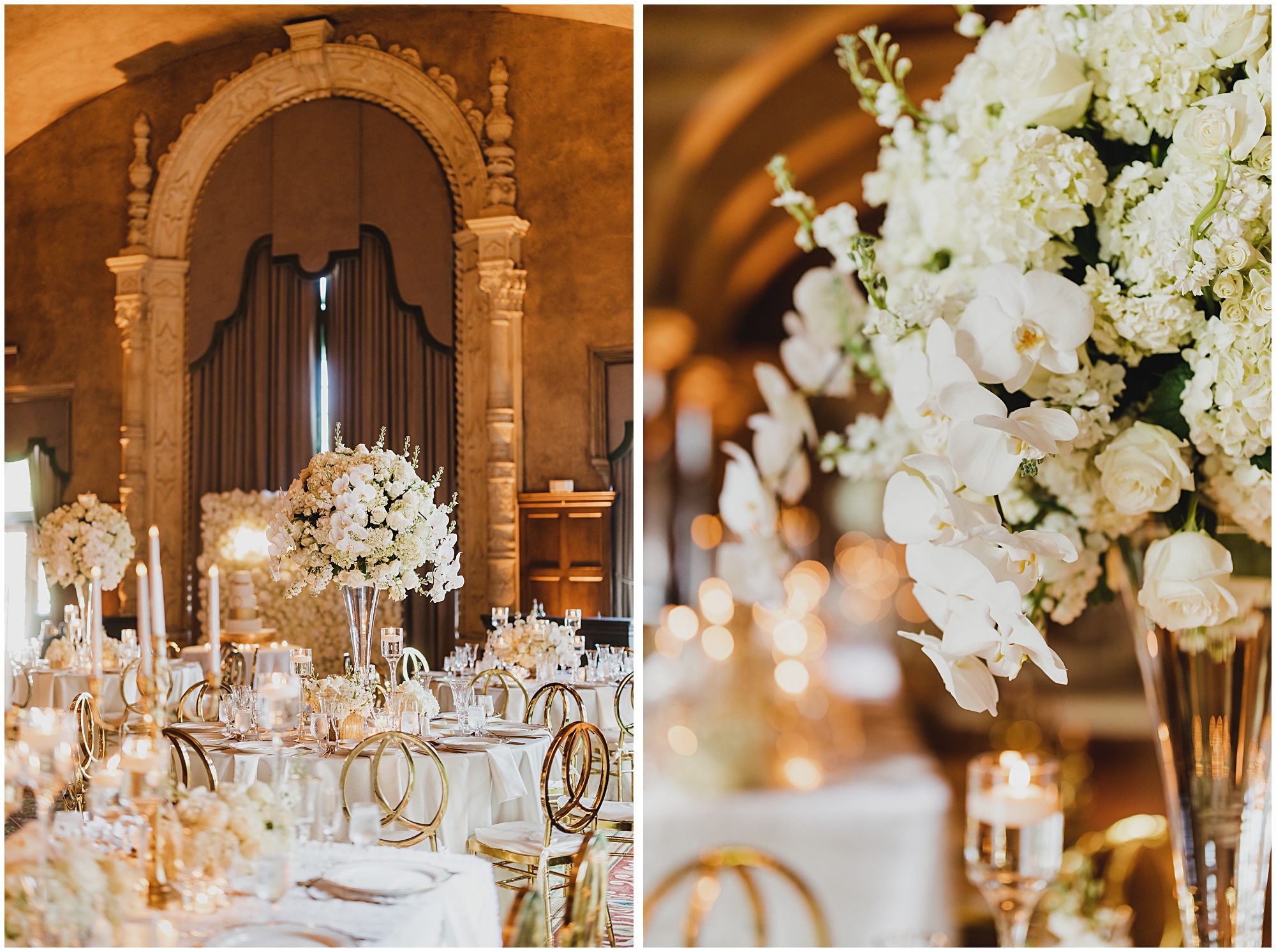 Alhambra ballroom at the Biltmore Hotel with white orchid florals and hydrangeas. 